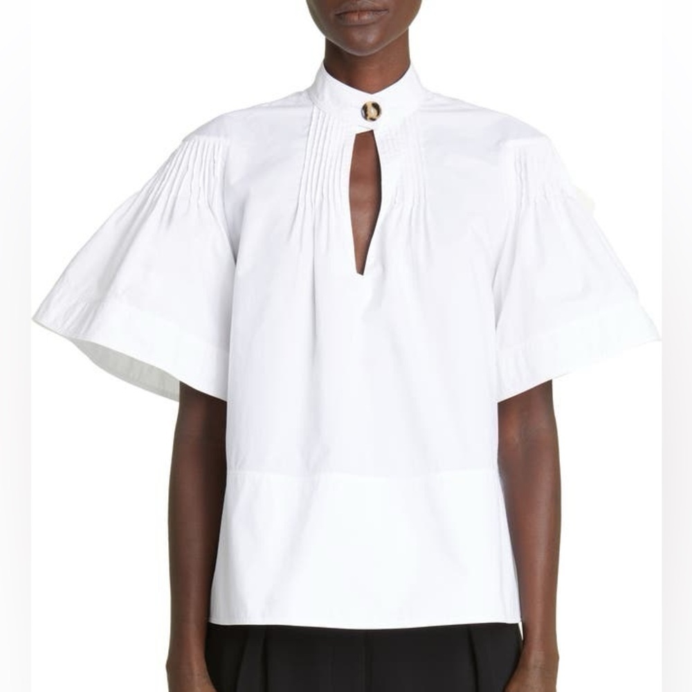 Proenza Schouler Pintuck Pleat Cutout Cotton Poplin Blouse Top Short Sleeves